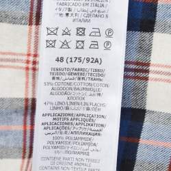 Pre Owned Gucci Blue Checked Cotton & Linen Logo Band Detail Short-Sleeve Shirt M