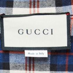 Pre Owned Gucci Blue Checked Cotton & Linen Logo Band Detail Short-Sleeve Shirt M
