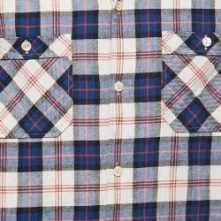 Pre Owned Gucci Blue Checked Cotton & Linen Logo Band Detail Short-Sleeve Shirt M