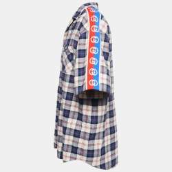 Pre Owned Gucci Blue Checked Cotton & Linen Logo Band Detail Short-Sleeve Shirt M