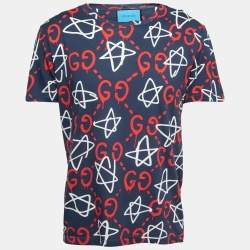 Pre Owned Gucci Navy Blue Gucci Ghost GG Print Cotton Crew Neck T-Shirt M