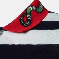 Gucci Navy Blue Striped Cotton Pique Snake Applique Contrast Collar Polo T-Shirt L