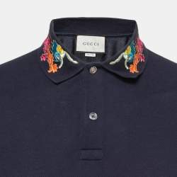 Pre Owned Gucci Navy Blue Dragon Embroidered Cotton Pique Polo T-Shirt S