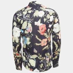 Pre Owned Gucci Navy Blue Floral Printed Cotton Full Sleeve Shirt M