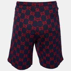 Gucci Navy Blue & Red Logo Jacquard Knit Shorts XL