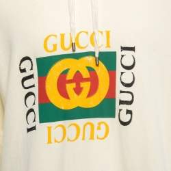Pre Owned Gucci Ivory Vintage Logo Print Cotton Distressed Oversize Hoodie 3XL