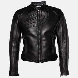 Gucci Black Leather Stitch Patterned Biker Jacket M