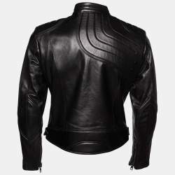 Gucci Black Leather Stitch Patterned Biker Jacket M