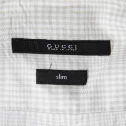 Pre Owned Gucci White/Beige Plaided Cotton Button Front Full Sleeve Slim-Fit Shirt L