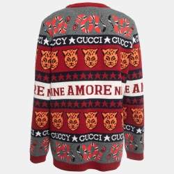 Pre Owned Gucci Red Logo Intarsia Knit Crewneck Sweater XXL
