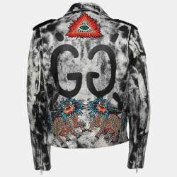 Gucci White/Black Hand Painted Leather Patch Detail Biker Jacket M