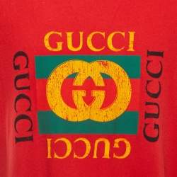Pre Owned Gucci Red Printed Cotton Logo T-Shirt XL