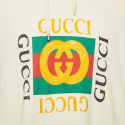 Pre Owned Gucci Cream Logo Print Cotton Hoodie L