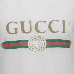 Gucci White Washed Logo Print Cotton Half Sleeve Relaxed Fit T-Shirt L