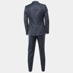 Pre Owned Gucci Navy Blue Bee Patterned Plaid Wool Suit M