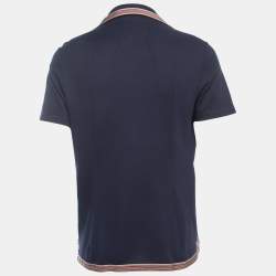 Pre Owned Gucci Navy Blue Logo Embroidered Cotton Pique Web Detailed Button Front Polo T-Shirt M