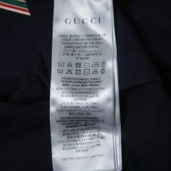 Pre Owned Gucci Navy Blue Logo Embroidered Cotton Pique Web Detailed Button Front Polo T-Shirt M