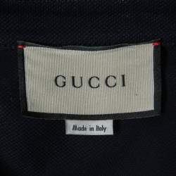 Pre Owned Gucci Navy Blue Logo Embroidered Cotton Pique Web Detailed Button Front Polo T-Shirt M