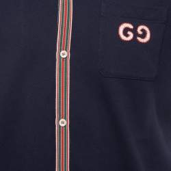 Pre Owned Gucci Navy Blue Logo Embroidered Cotton Pique Web Detailed Button Front Polo T-Shirt M