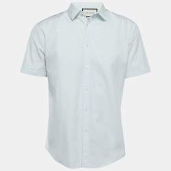 Gucci Light Blue Cotton Tiger Print Silk Insert Button Front Half Sleeve Shirt L