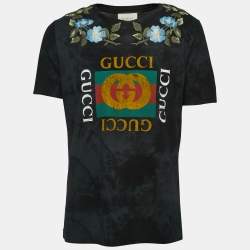 Gucci Black Flower Embroidered Print Distressed Cotton Crew neck Half Sleeve T-Shirt M