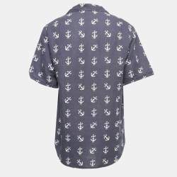 Pre Owned Gucci Black Anchor Print Linen Blend Oversized Bowling Shirt M