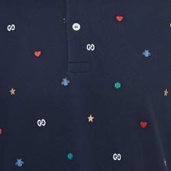 Pre Owned Gucci Navy Blue Symbols Embroidered Cotton Pique Polo T-Shirt XL
