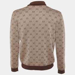 Pre Owned Gucci Brown GG Jacquard Wool Knit Bomber Jacket S