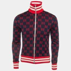 Gucci Navy Blue GG Jacquard Cotton Knit Zip Front Jacket XS