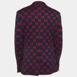 Pre Owned Gucci Navy Blue/Red Jacquard Knit Blazer 3XL