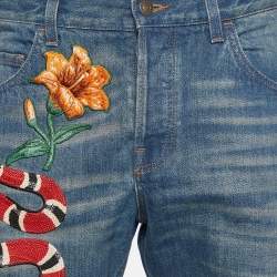 Gucci Blue Denim Snake Embroidered Regular Fit Jeans L/Waist 37"