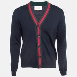 Gucci Navy Blue Web Striped Rib Knit Buttoned Cardigan XL