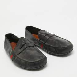 Gucci Black Leather Web Penny Loafers Size 42.5 