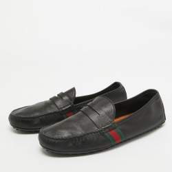 Gucci Black Leather Web Penny Loafers Size 42.5 