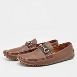 Gucci Brown Leather Web Slip On Loafers Size 43