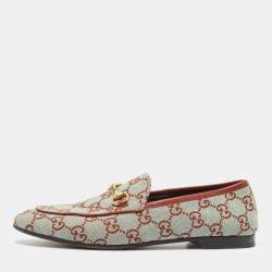 Gucci Two Tone GG Canvas Jordaan Horsebit Slip On Loafers Size 38.5