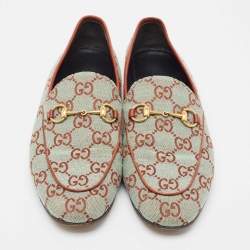 Gucci Two Tone GG Canvas Jordaan Horsebit Slip On Loafers Size 38.5