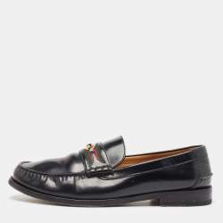 Gucci Black Leather Web Slip On Loafers  47.5
