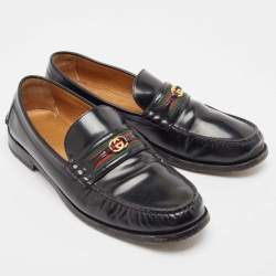 Gucci Black Leather Web Slip On Loafers  47.5