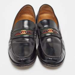 Gucci Black Leather Web Slip On Loafers  47.5