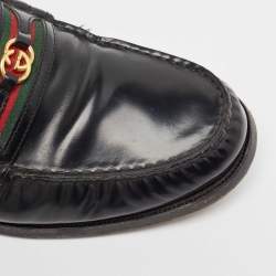 Gucci Black Leather Web Slip On Loafers  47.5