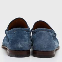Pre Owned Gucci Blue Suede Horsebit Slip On Loafers Size 44.5