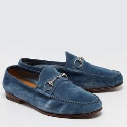 Pre Owned Gucci Blue Suede Horsebit Slip On Loafers Size 44.5