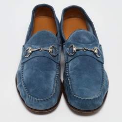 Pre Owned Gucci Blue Suede Horsebit Slip On Loafers Size 44.5