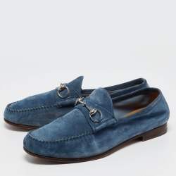 Pre Owned Gucci Blue Suede Horsebit Slip On Loafers Size 44.5