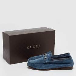 Pre Owned Gucci Blue Suede Horsebit Slip On Loafers Size 44.5