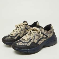 Gucci Beige/Navy Blue GG Supreme Canvas Rhyton Sneakers Size 40