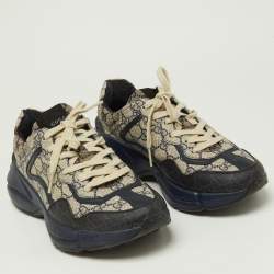 Gucci Beige/Navy Blue GG Supreme Canvas Rhyton Sneakers Size 40