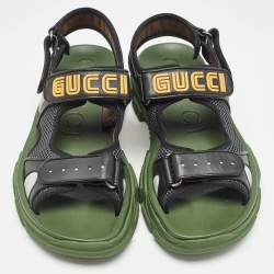 Pre Owned Gucci Black/Green Leather and Mesh Sega Velcro Slingback Sandals Size 44