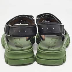 Pre Owned Gucci Black/Green Leather and Mesh Sega Velcro Slingback Sandals Size 44